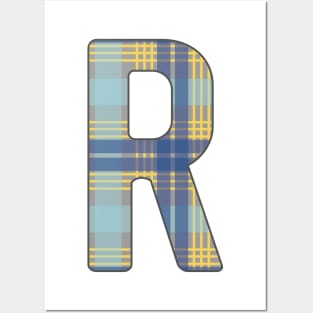 Monogram Letter R, Blue, Yellow and Grey Scottish Tartan Style Typography Design Posters and Art